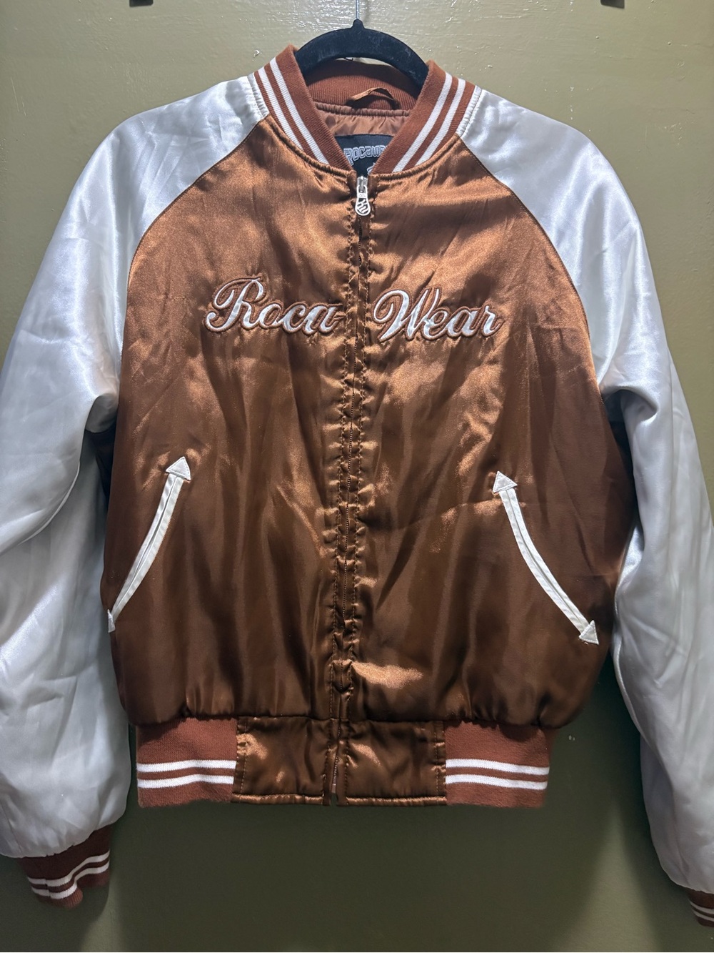 Rocawear Copper Satin Varsity Jacket with White Sleeves